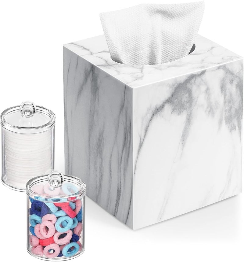 Chintu Tissue Box Cover, Square Facial Acrylic Tissue Holder with 2 Pack Clear Qtip Holder Dispenser, Bathroom Vanity Dresser Night Stand Essentials Accessories Decor, Modern Farmhouse Decor, Marble - Image 1